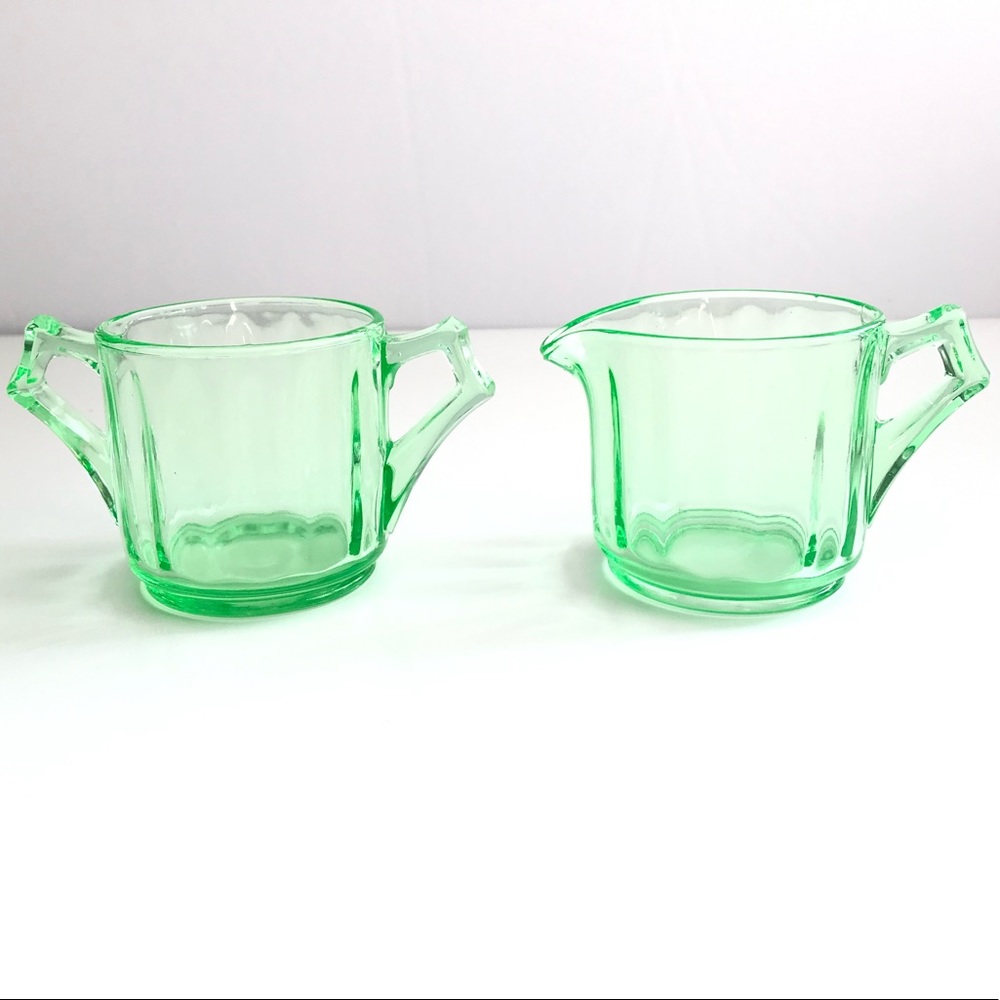 Green Glass Creamer and Sugar Set - Antique Uranium Glass